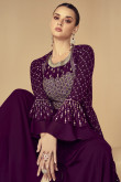 Plum Purple Georgette Zari Embroidered palazzo Suit