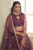Plum Purple Net Embroidered Flared Style Lehenga