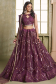 Plum Purple Net Embroidered Flared Style Lehenga