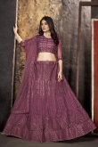 Thread Work Plum Purple Lehenga in Net for Party 