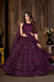 Plum Purple Net Embroidered Panelled Style Lehenga