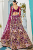 Plum Purple Net Embroidered Panelled style Lehenga 
