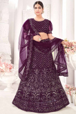 Plum Purple Net Wedding Wear Embroidered Lehenga