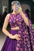 Plum Purple Silk Foil Print A Line Lehenga 