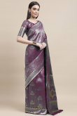Plum Purple Weaved Zari Silk Broad Border Saree For Sangeet 