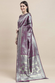 Plum Purple Weaved Zari Silk Broad Border Saree For Sangeet 
