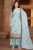 Powder Blue Art Silk Embroidered Trouser Suit