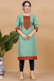 Powder Blue Cotton Embroidered Ready Made Straight Cut Readymade Kurti