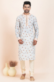 Powder Blue Cotton Silk Men's Kurta Churidar With Printed Work