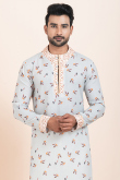 Powder Blue Cotton Silk Men's Kurta Churidar With Printed Work