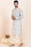 Powder Blue Cotton Silk Men's Kurta Churidar With Printed Work
