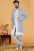 Powder Blue Jacquard Jacket Style Men Sherwani