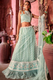Powder Blue Net A Line Embroidered Lehenga