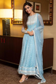 Powder Blue Net Eid Anarkali Suit With Zari Work