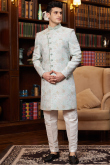 Powder Blue Silk Blend Weaved Straight Cut Men's Sherwani
