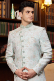 Powder Blue Silk Blend Weaved Straight Cut Men's Sherwani