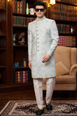 Powder Blue Silk Blend Weaved Straight Cut Men's Sherwani