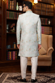 Powder Blue Silk Blend Weaved Straight Cut Men's Sherwani