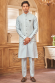 Powder Blue Silk jacket Style Men's Plain Kurta Pajama