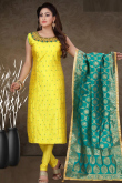 Printed Banarasi Light Yellow Churidar Suit