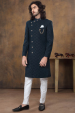 Printed Birdseye Dark Blue Men Sherwani