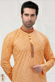 Light Orange Cotton Straight Cut Men Kurta Pajama with Printed