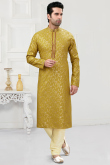 Printed Cotton Trombone Yellow Men Kurta Churidar