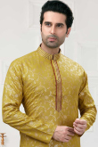 Printed Cotton Trombone Yellow Men Kurta Churidar