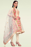 Printed Cream Beige Chanderi Churidar Suit