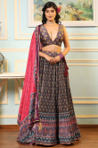 Printed Dark Purple Satin Flared Style Lehenga