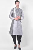 Printed Dupion Silk Steel Grey Men Dhoti Kurta