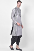 Printed Dupion Silk Steel Grey Men Dhoti Kurta