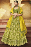Printed Embroidered Silk Olive Green Lehenga