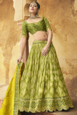 Printed Embroidered Silk Olive Green Lehenga