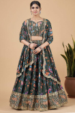 Printed Georgette Dark Green Lehenga