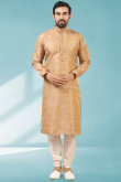 Printed Jacquard Dark Beige Men Kurta Pajama