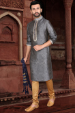 Printed Jacquard Steel Grey Men Kurta Pajama