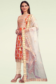 Printed Light Beige Chanderi Silk Straight Cut Churidar Suit
