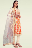 Printed Light Beige Chanderi Silk Straight Cut Churidar Suit