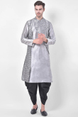Printed Light Grey Dupion Silk Men Dhoti Kurta