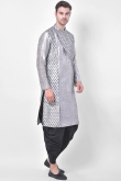Printed Light Grey Dupion Silk Men Dhoti Kurta