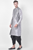 Printed Light Grey Dupion Silk Men Dhoti Kurta