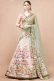 Printed Light Peach Panelled Style Satin Silk Lehenga