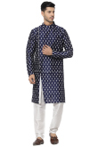 Printed Navy Blue Dupion Silk Men Kurta With Churidar