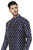 Printed Navy Blue Dupion Silk Men Kurta With Churidar