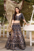 Printed Navy Blue Satin Panelled Style Lehenga 