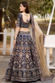 Printed Navy Blue Satin Panelled Style Lehenga 