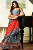 Printed Peacock Blue Satin Flared Style Lehenga