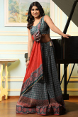 Printed Peacock Blue Satin Flared Style Lehenga