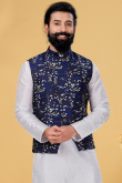 Printed Poly Cotton Navy Blue Men Waist Coat
